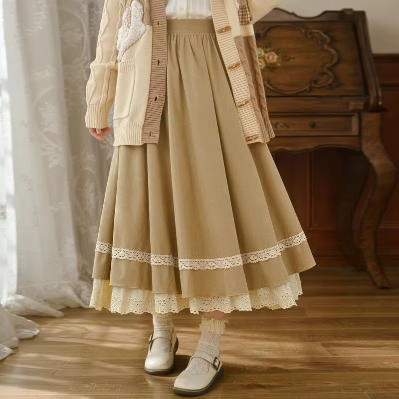 Jupe longue taille haute évasée style Y2K pour femme, design élégant français, dentelle, mode coréen