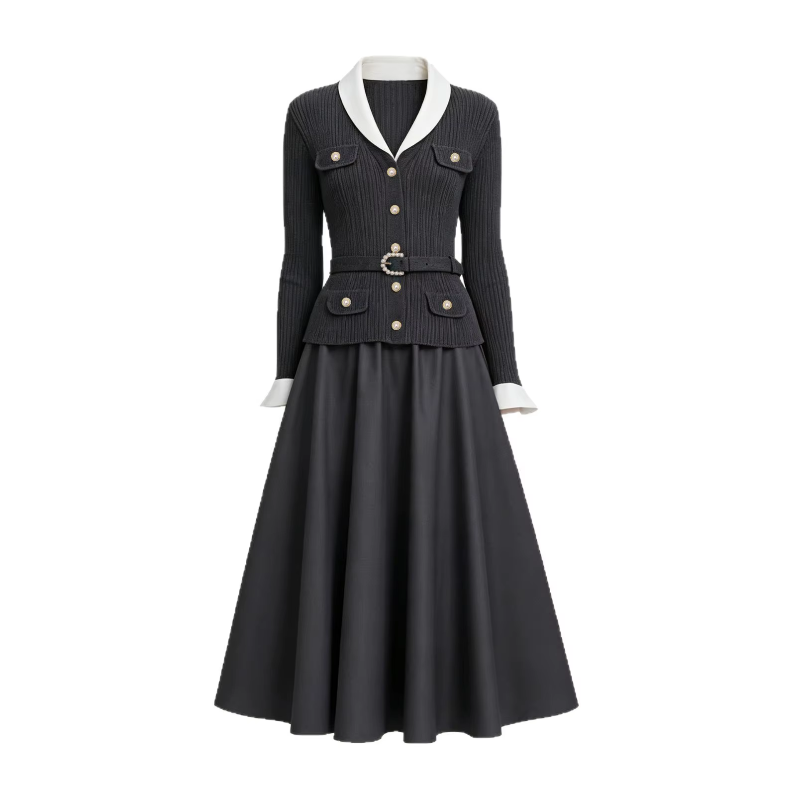 Robe tricotée grise pour femmes, fausse robe deux pièces à manches longues, robe midi élégante pour 