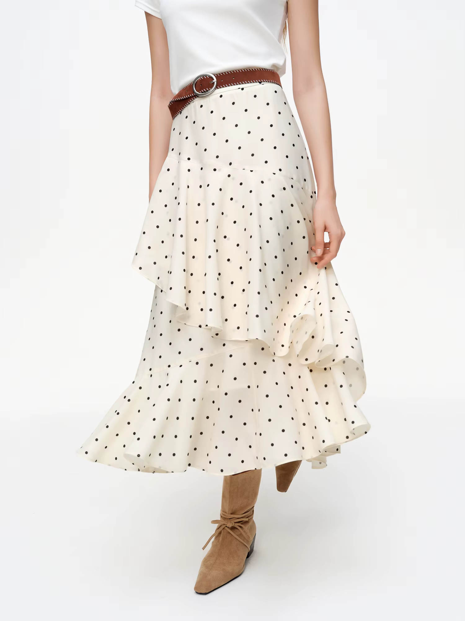 DUSHU 【Valse à pois】Jupe midi à ourlet irrégulier à volants pour femme, collection de jupes printemp