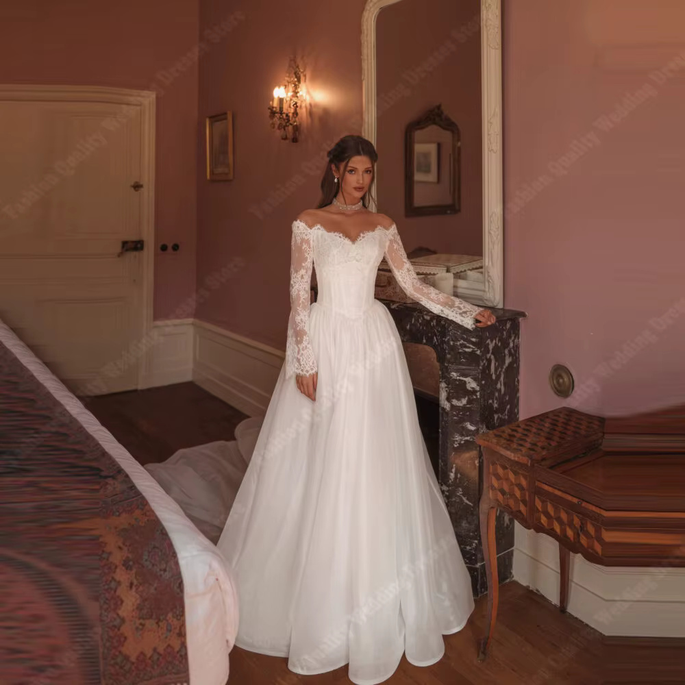 Robes De mariée romantiques pour femmes, épaules dénudées, manches longues en dentelle, longueur De 