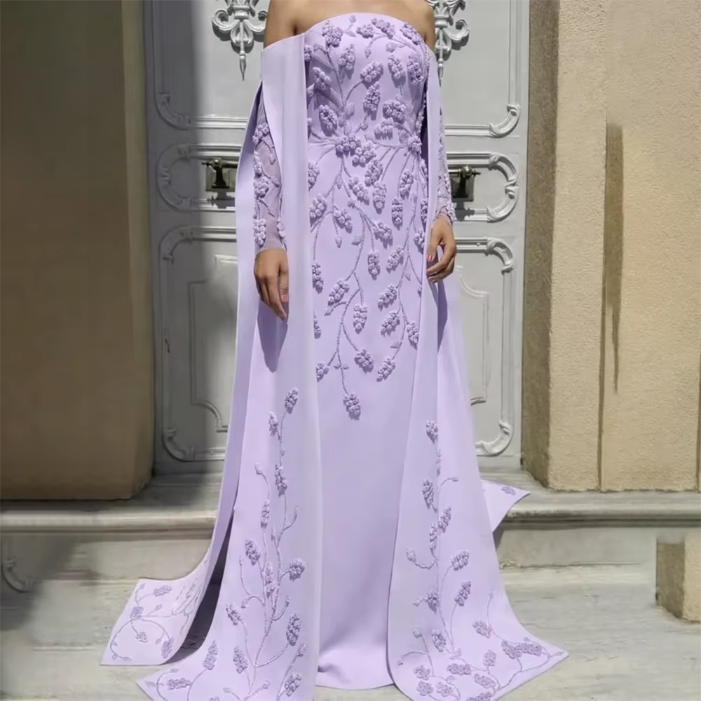 Robe de soirée élégante en jersey à manches longues, style A, avec applications lilas, robe de soiré