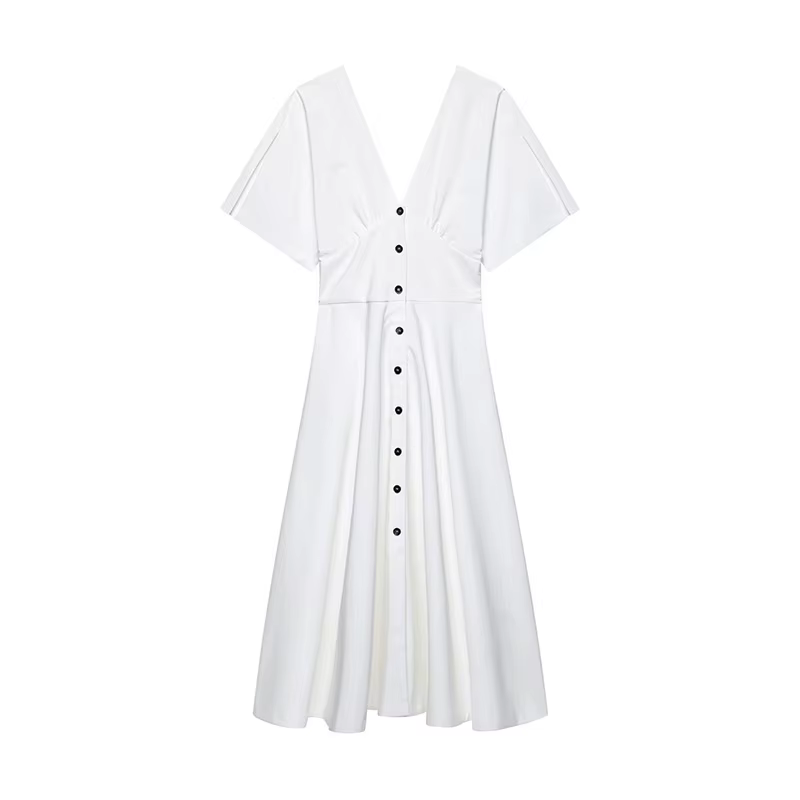 Robe longue blanche élégante, manches courtes, col en v, boutons, taille haute, Slim, ligne a, été, 