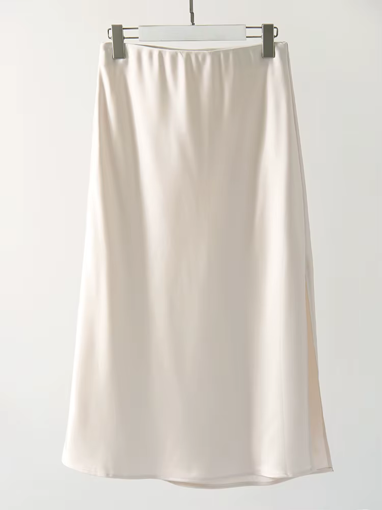 Jupes mi-longues vertes pour femmes, ligne A avec fente, taille haute, satin, taille élastique, coul
