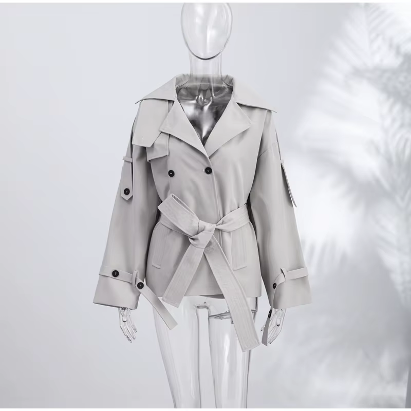 Trench-coat court femme à nouer, col à revers, manches longues avec ceinture, coupe oversize, coupe-
