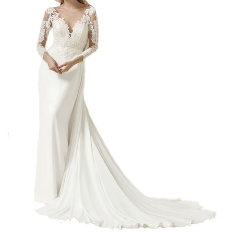 Robe de mariée de luxe en Tulle, col en v, manches longues, dentelle sirène, robes de mariée élégant