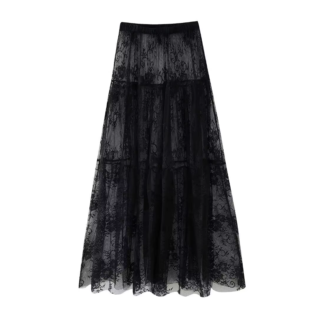 TRAF-Jupe mi-longue taille haute en maille de dentelle noire pour femme, jupe longue en tulle, trans