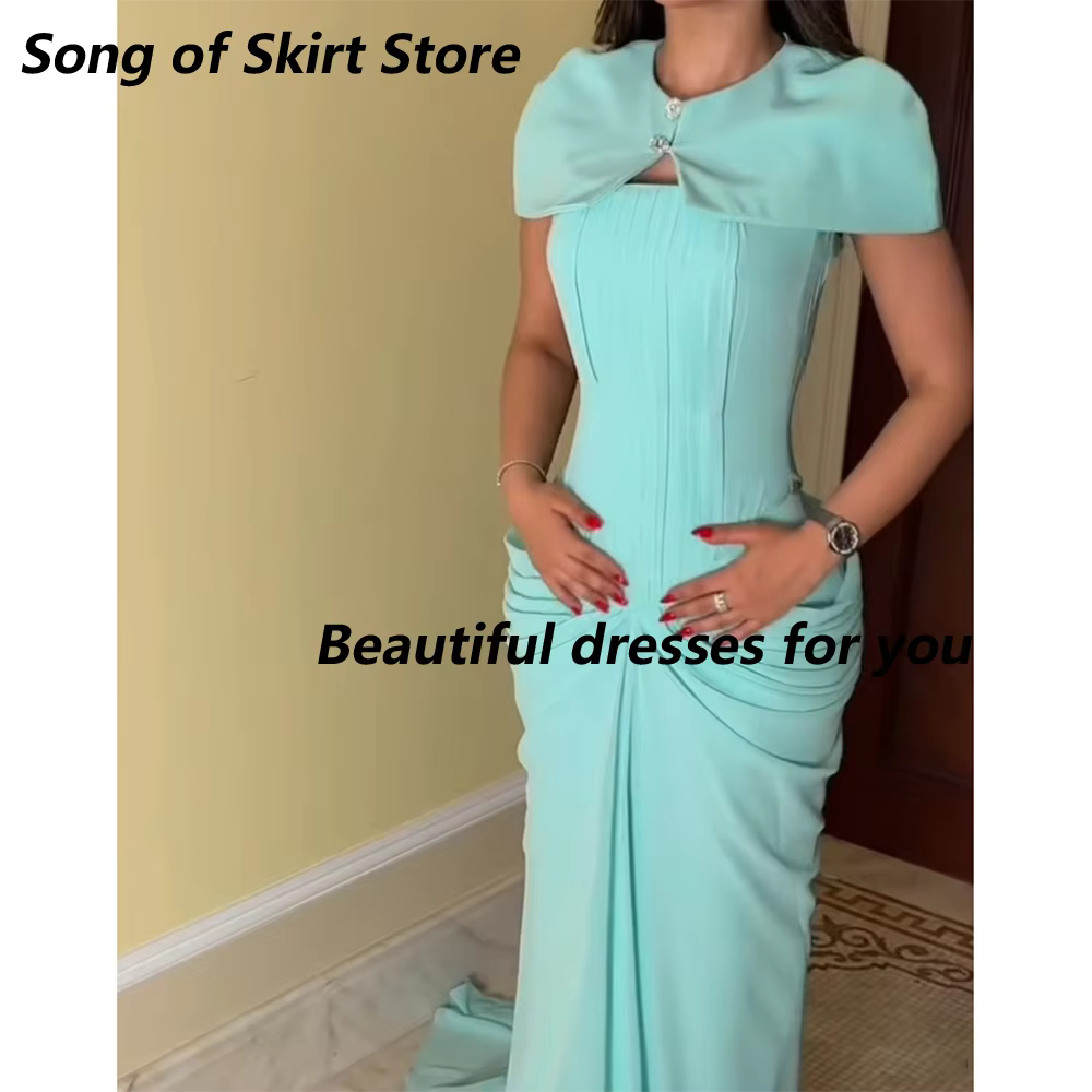 Robe de soirée élégante et droite, personnalisée, col rond, manches courtes, plissée, en jersey, lon
