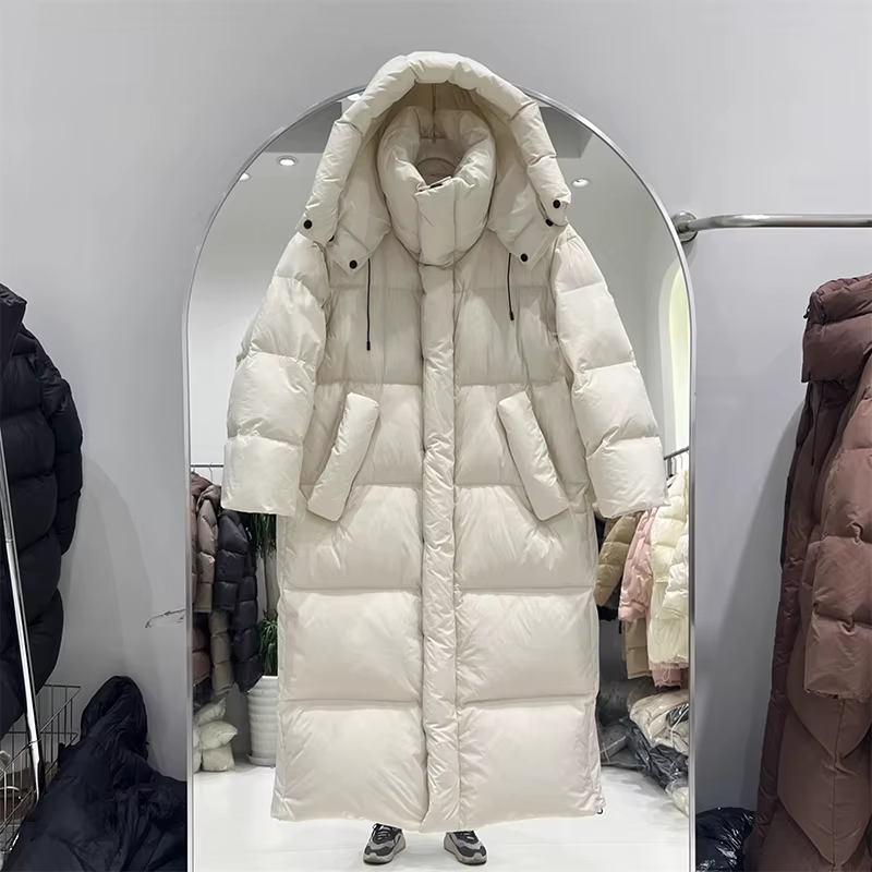 Hiver épais longue à capuche doudoune femmes blanc canard vers le bas genou longueur doudoune femme 