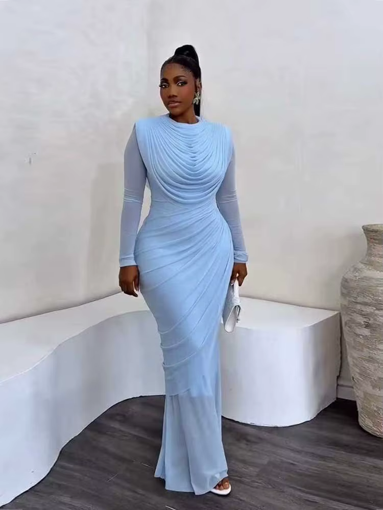Robe de soirée chic et élégante pour femme, col drapé en maille, manches longues, robe moulante mi-l
