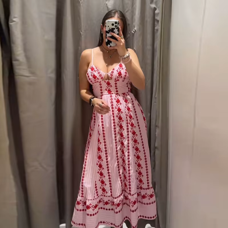 Nouvelle Robe Longue Imprimée Femme, Style Camisole, Taille Cintrée, Dos Nu, Plissée, Coupe Trapèze,