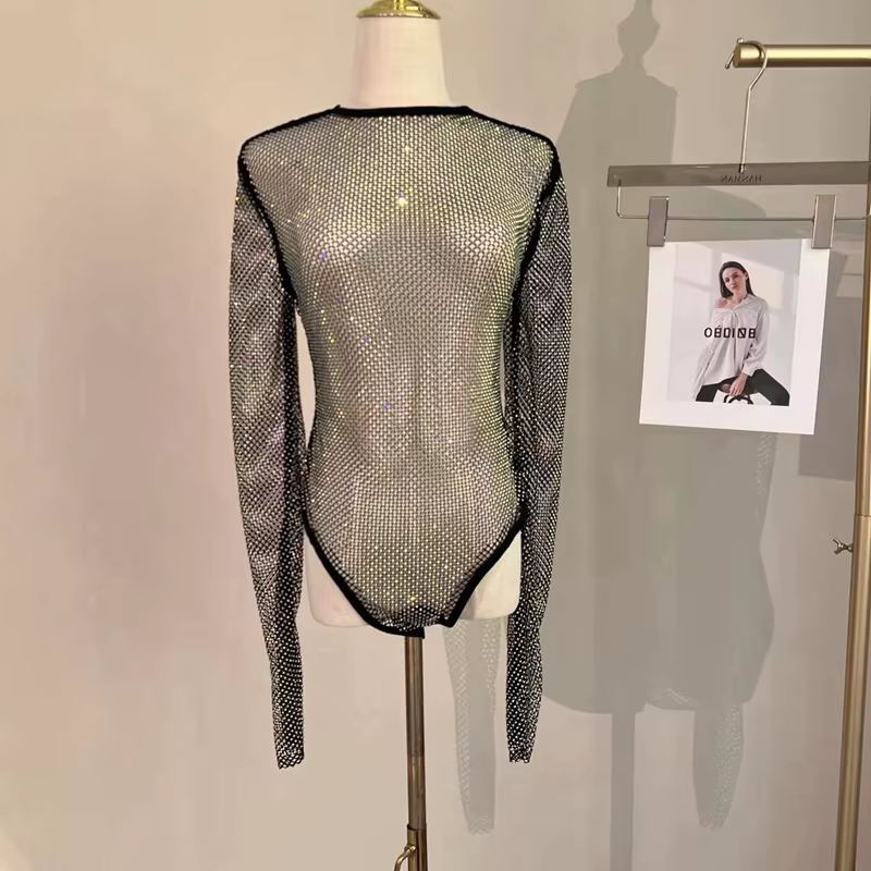 Body transparent en résille avec strass brillants pour femmes, body Sexy en maille à la mode
