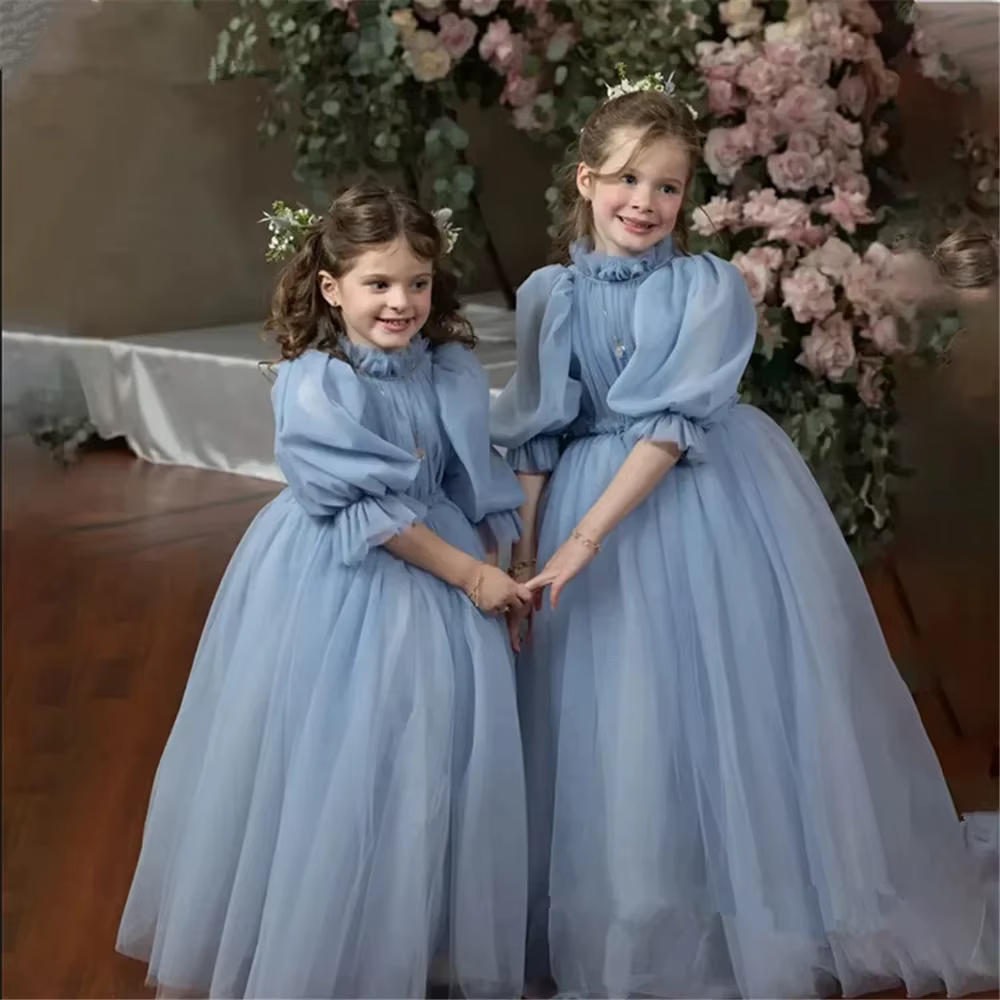 Robe de princesse bleue pour filles, à la mode, à manches longues, pour fête d'anniversaire, concour