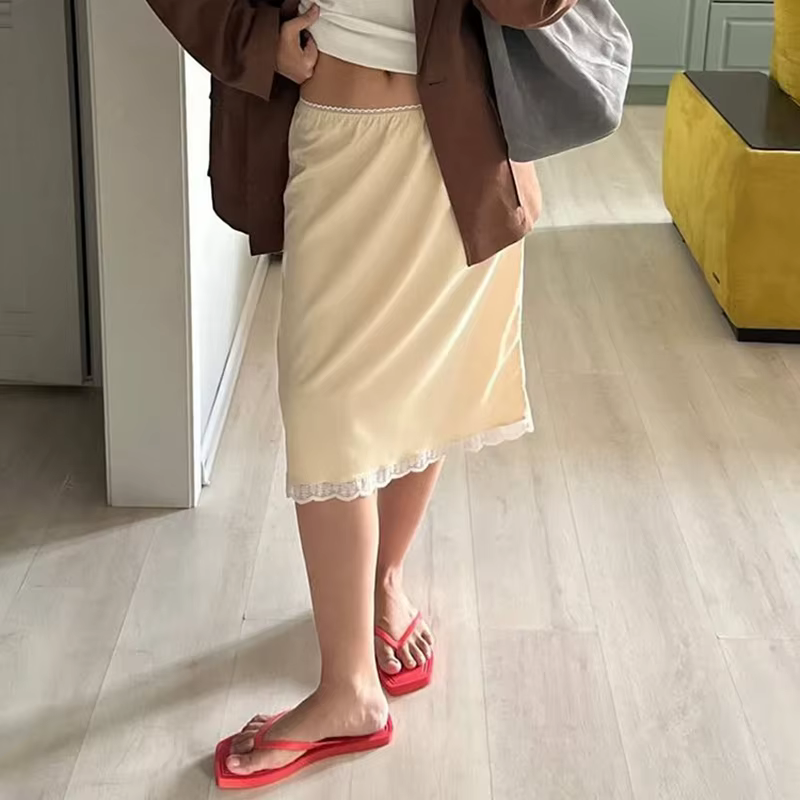 Jupe mi-longue Chic en Satin de soie pour femmes, élégante, mode dame, taille basse, droite, Vintage