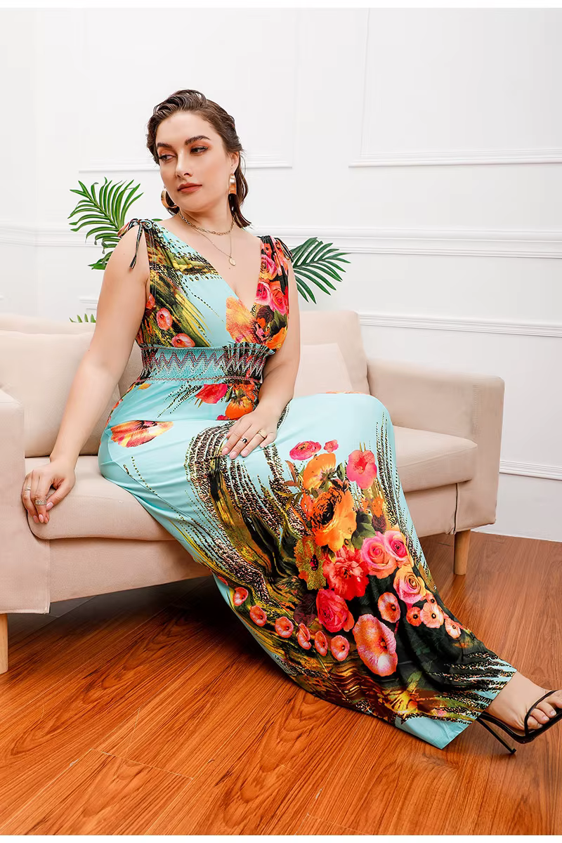 Robe longue sans manches pour femmes, grande taille, imprimé floral, col en v, élégante, grande robe