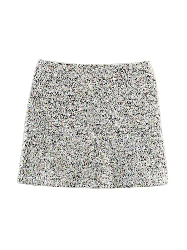 Haut à manches longues et paillettes pour femmes, jupe courte, élégant, col rond, ample, taille haut
