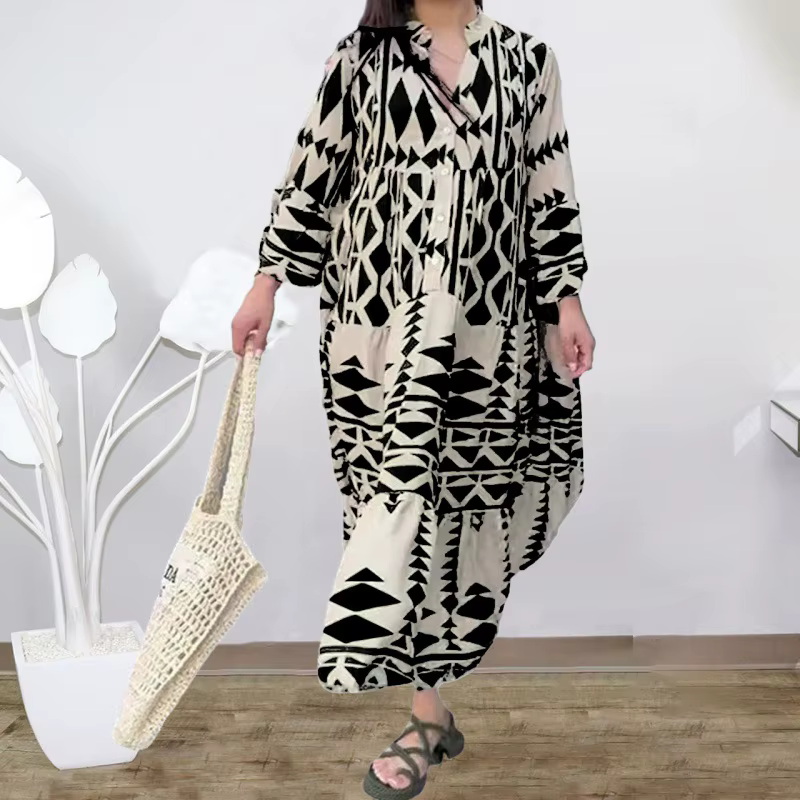 Robe longue plissée à manches longues pour femmes, imprimé Boho, mode dames, Vintage, Boho, plage, M