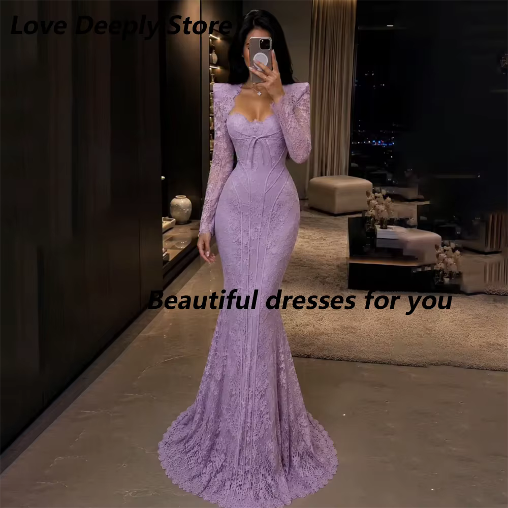 Robe de soirée personnalisée en dentelle lilas, élégante, col cœur, manches longues, coupe sirène, l