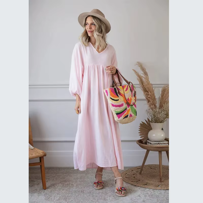 Robe de nuit en mousseline de gaze de coton pour femmes, col en V sexy, manches longues, Maxi, fête 