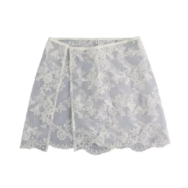E56A Femmes coréennes à broderie fleur en dentelle courte jupe tablier