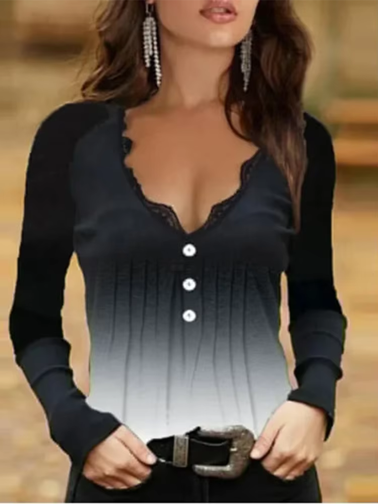 Haut sexy en dentelle à col en V noir pour femme, t-shirt boutonné à manches longues, mode décontrac
