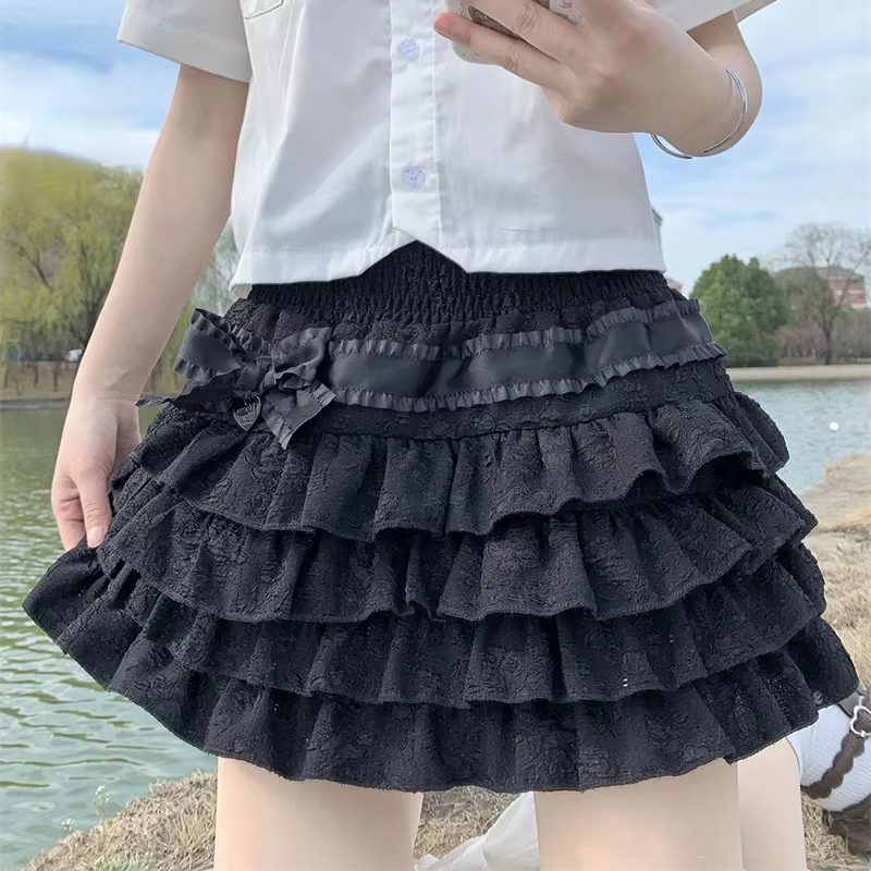 Style japonais Kawaii Lolita Mini jupe femmes gothique taille haute à volants jupes à plusieurs nive