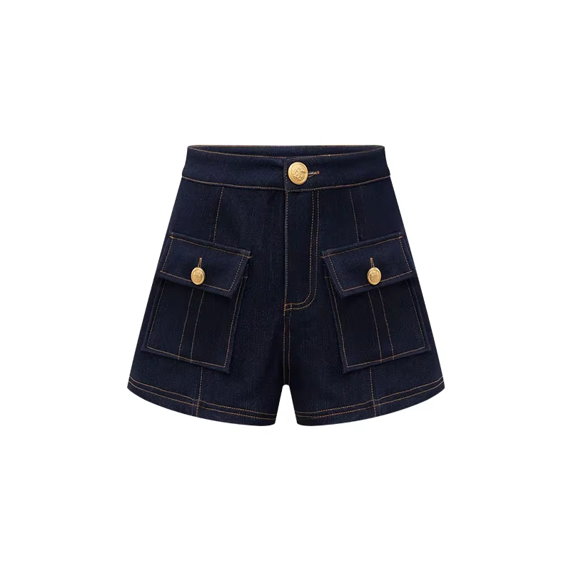 Shorts en jean marron taille haute pour femme, style vintage, coupe trapèze, cargo, avec boutons dor