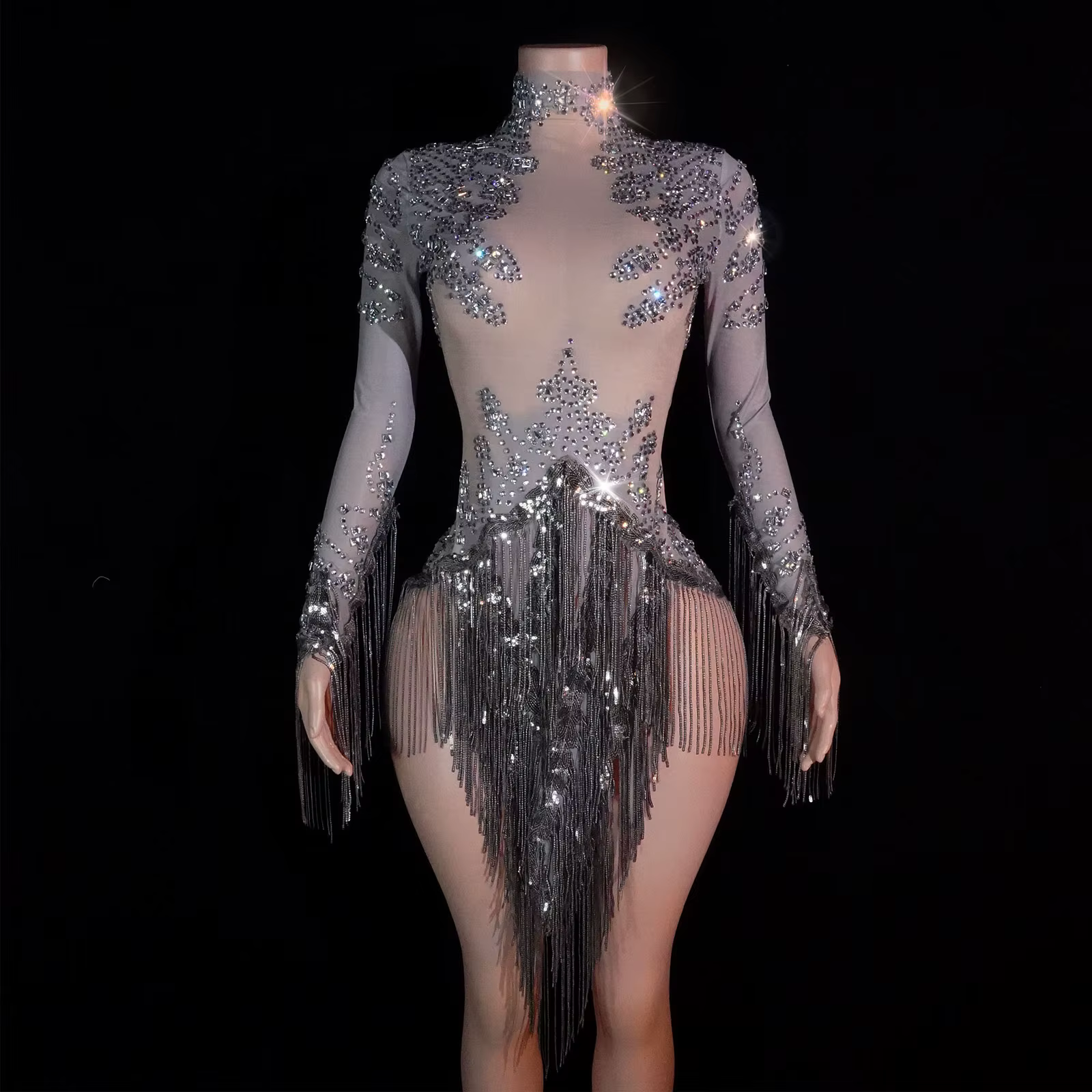 Nouveau body à sequins gris pour femme, avec franges et strass, sexy, pour spectacle, chanteuse, dan