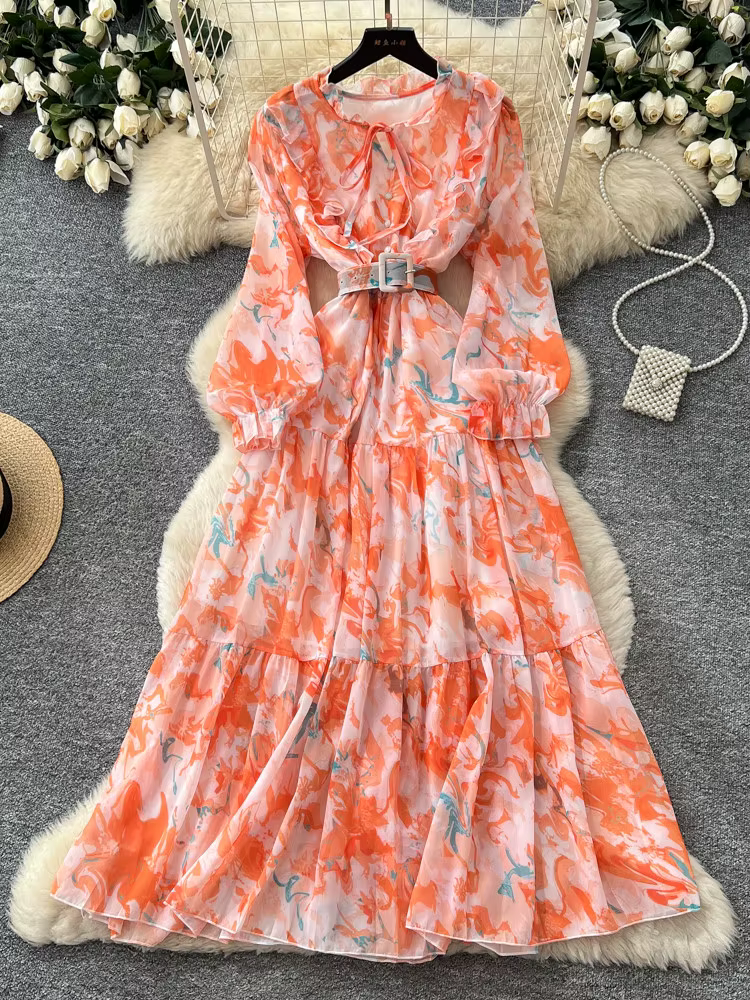Robe longue à manches longues imprimée florale style coréen pour femme, taille haute, coupe trapèze,