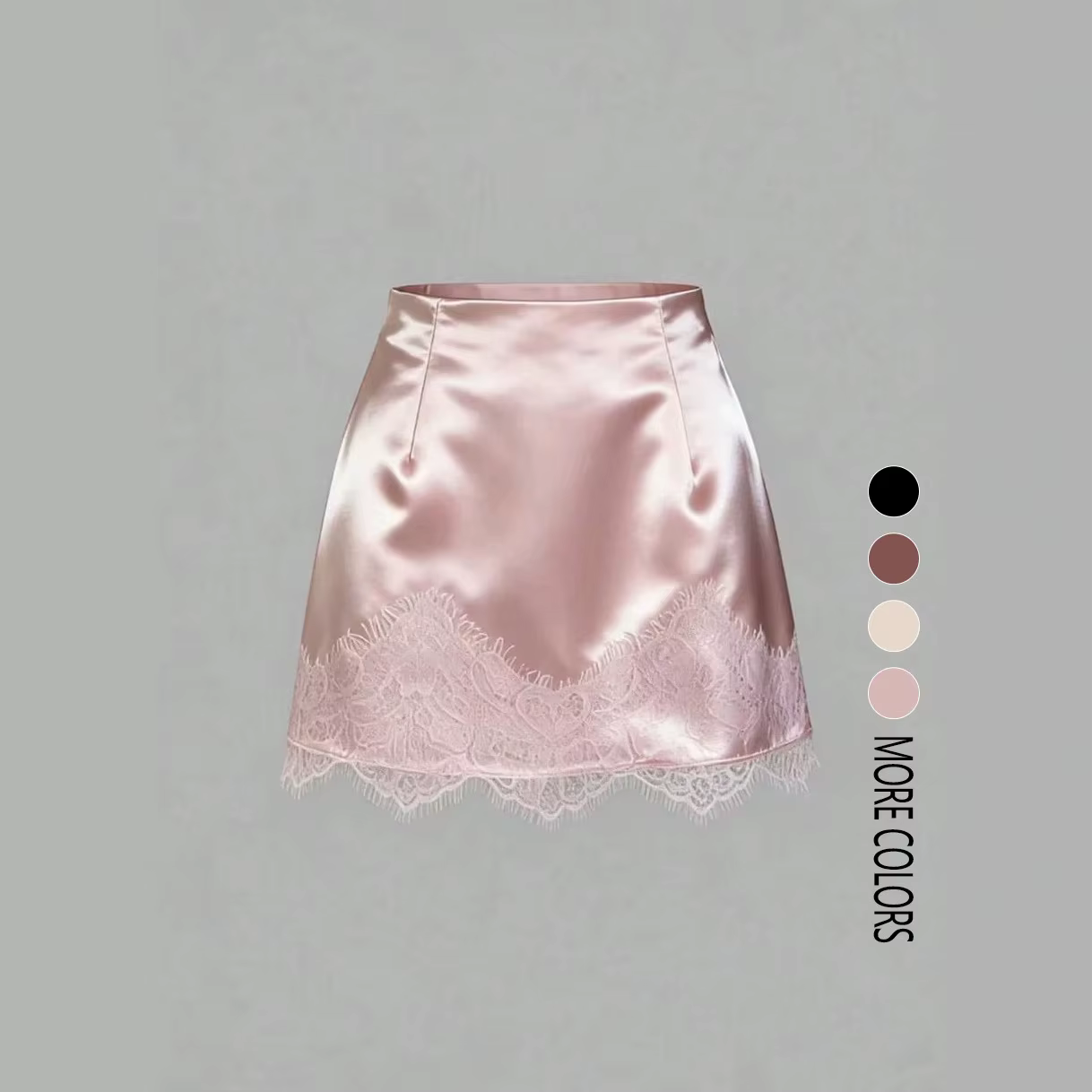 Jupe courte élégante en satin avec bordure en dentelle pour femmes, design patchwork tendance, longu