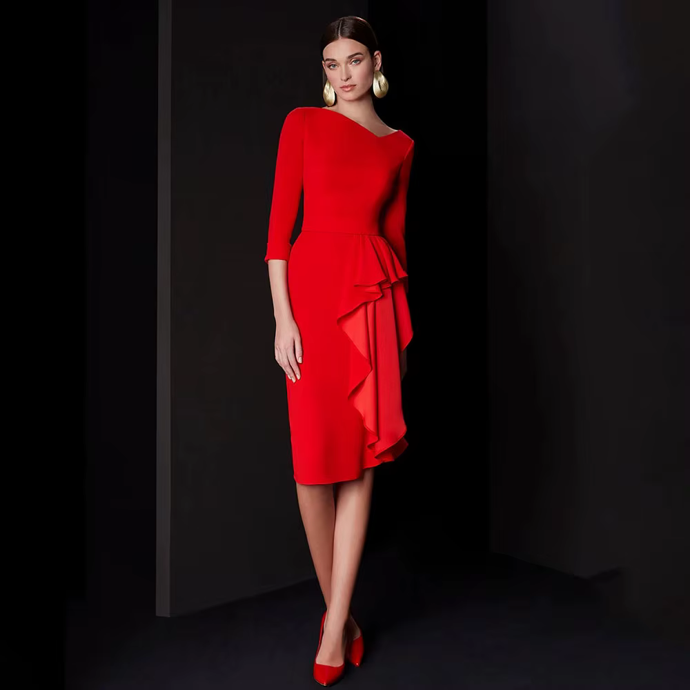 Robe de Cocktail Rouge pour Mariage, Manches 3/4, Fourreau, Longueur Genou, Courte, à Volants, Col e