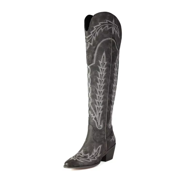 Bottes longues à talons épais pour femmes, fil à broder de voiture, gris, marron, mode européenne et