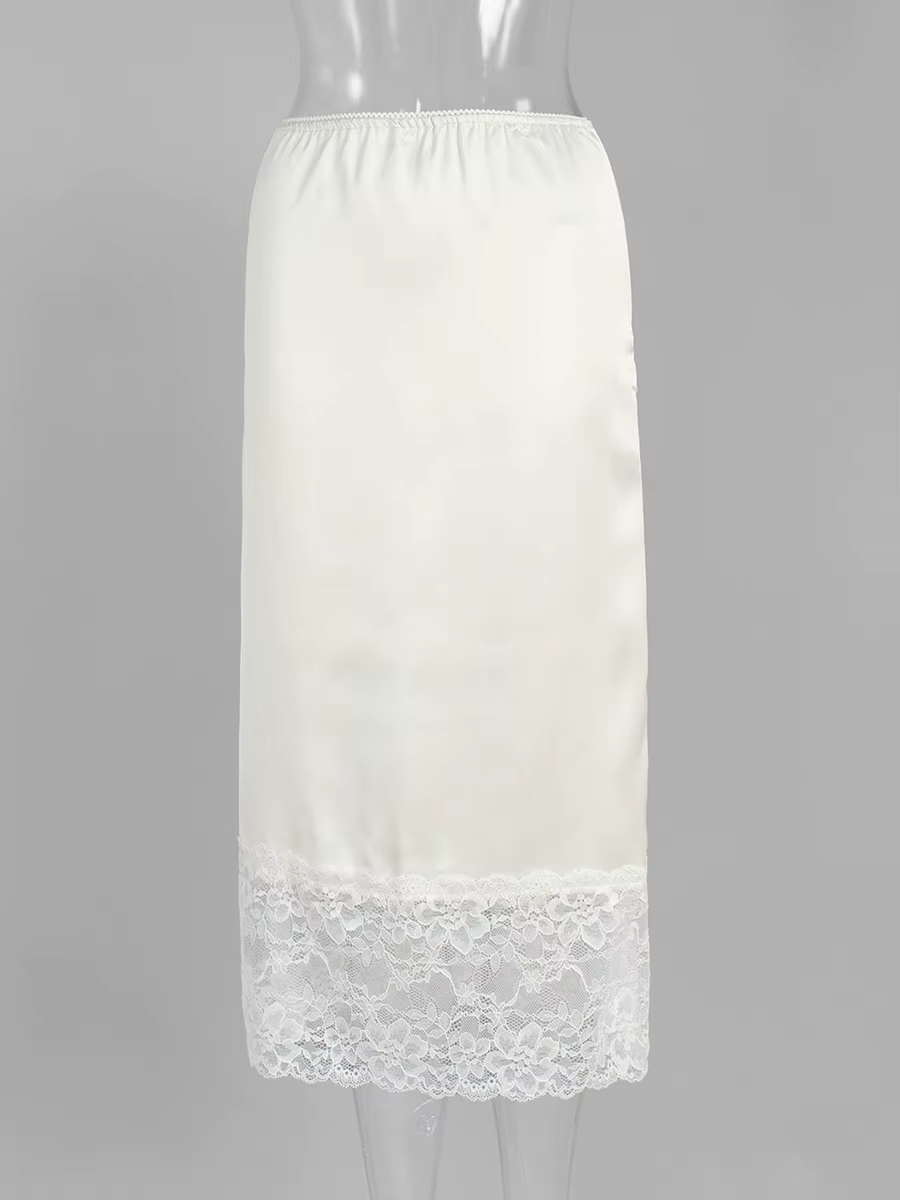 Dentelle Patchwork Satin jupe Midi femmes dentelle garniture taille élastique mince élégant jupes lo