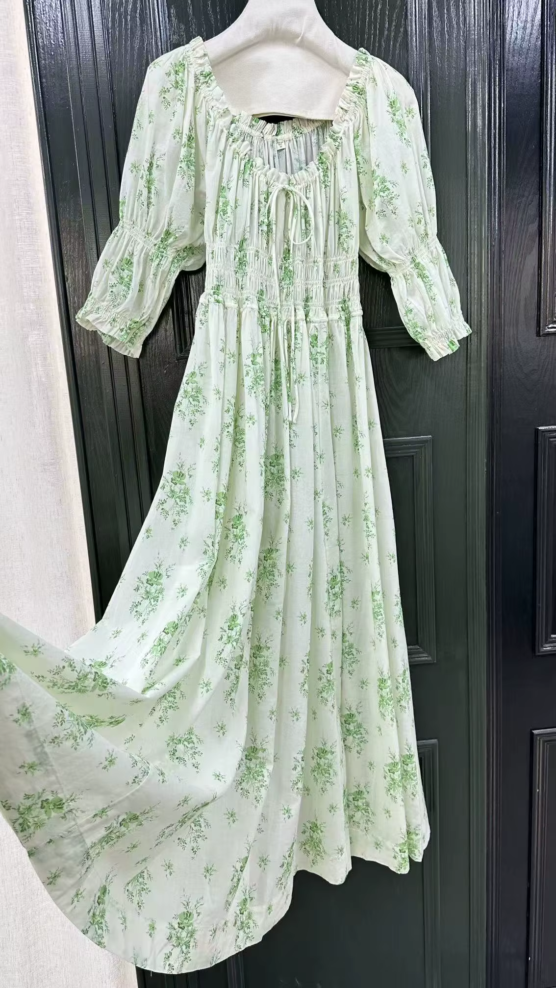 Robe longue élégante pour femme 2026, imprimé floral vert, taille élastique, manches bouffantes, col
