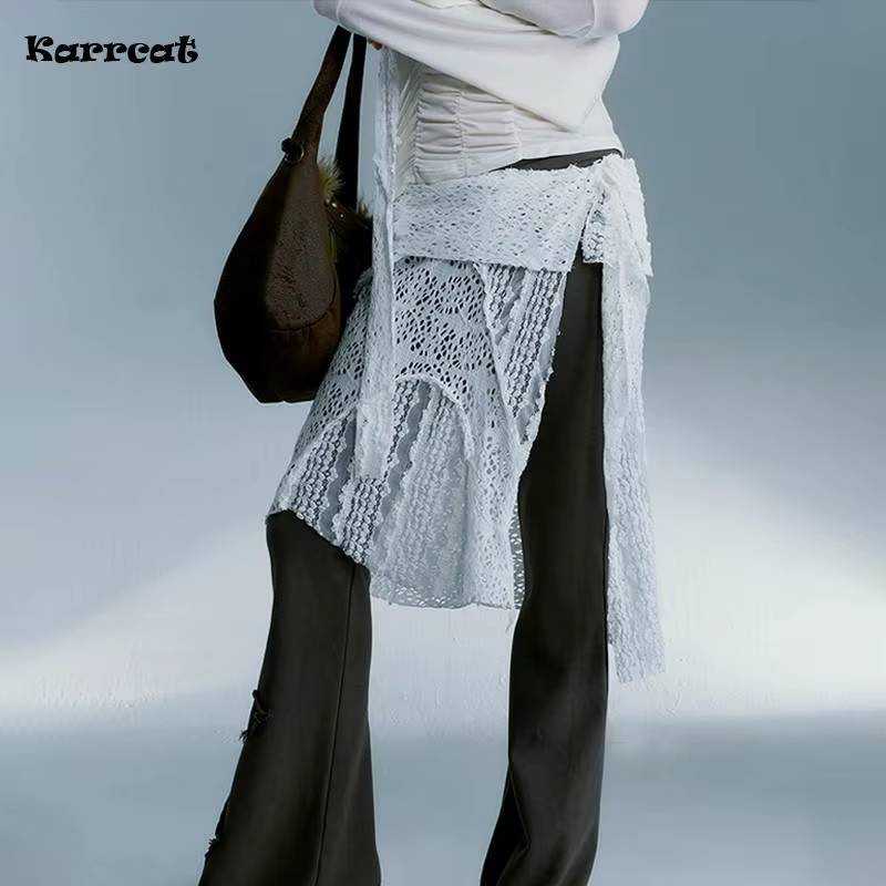 Karrcat-Jupe en dentelle de style coréen, esthétique grunge japonaise, jupe blanche irrégulière vint