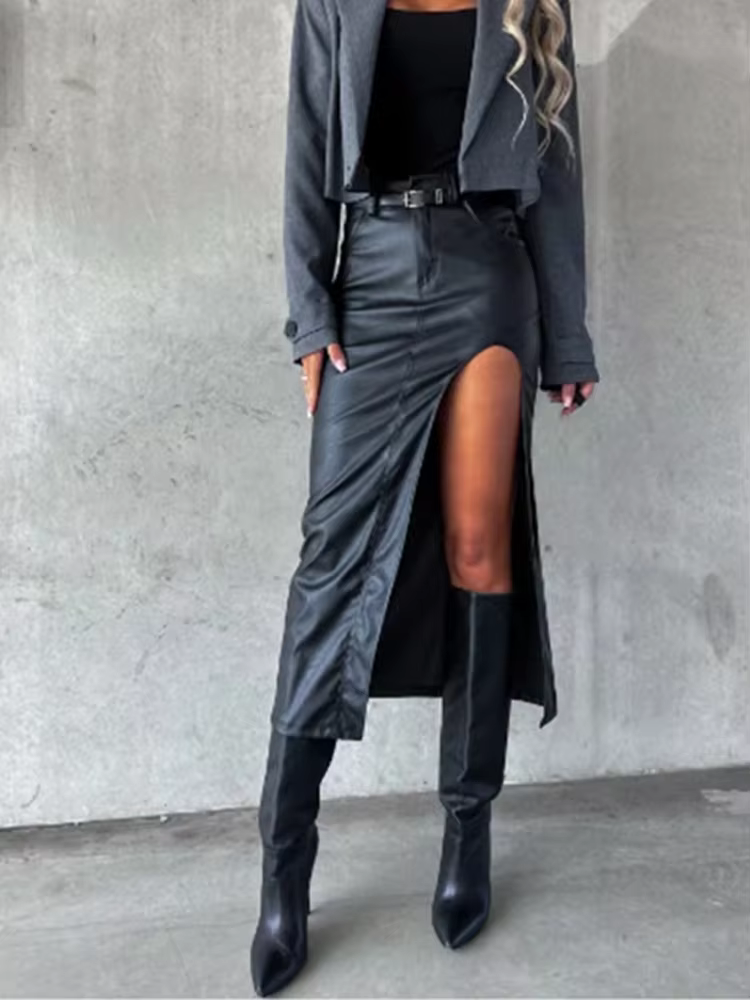 Jupe mi-longue en cuir Pu pour femmes, couleur unie, fente sexy, jupe moulante aux hanches, mode fêt