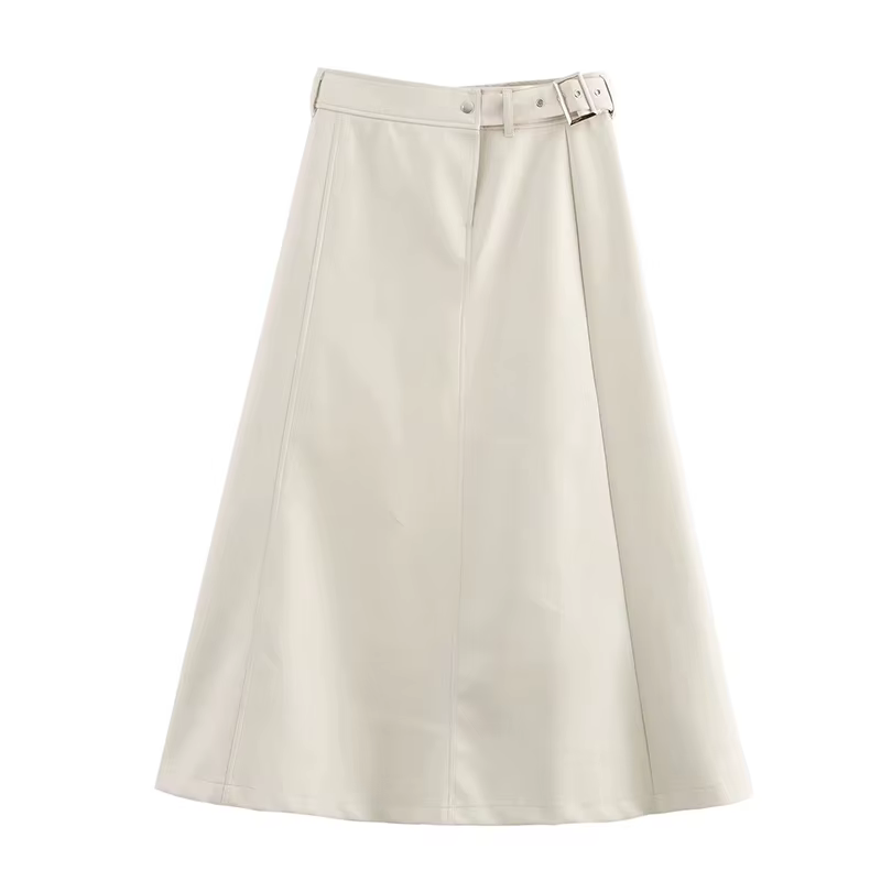 Jupe longue trapèze en Faux cuir pour femme, avec ceinture, ample, grande balançoire, mi-longue, élé