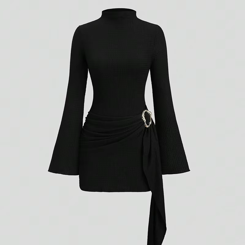 Robe moulante sexy pour femmes, col montant, manches longues, robes courtes pour femmes, printemps a