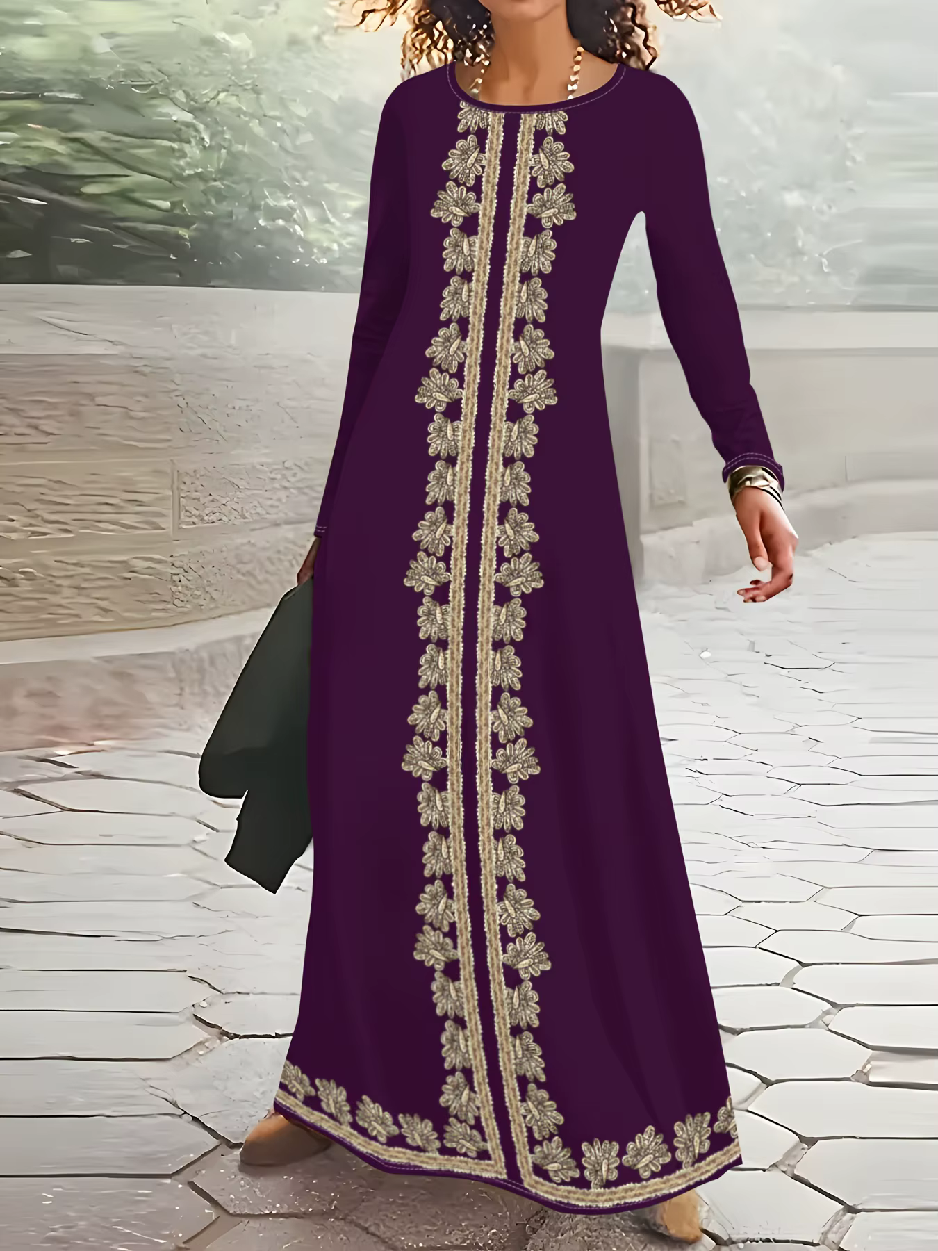 Robe de vacances à imprimé floral et rayures verticales pour femmes, robe midi à manches longues et