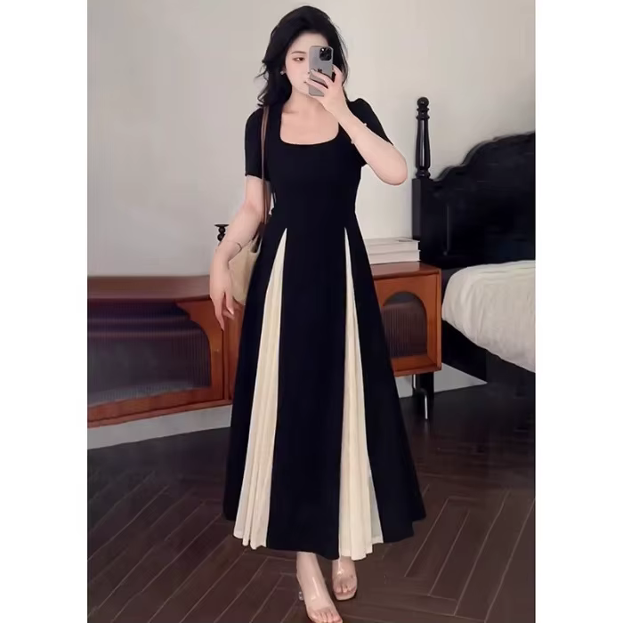 Robe longue en gaze grande taille à col carré, design français amincissant, jupe évasée en tricot à