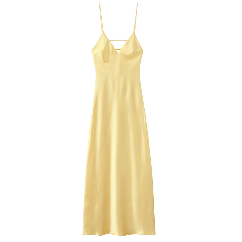 HXAO robes jaunes femmes Satin col en V robe mi-longue été dos nu sangle robes de soirée élégante ro