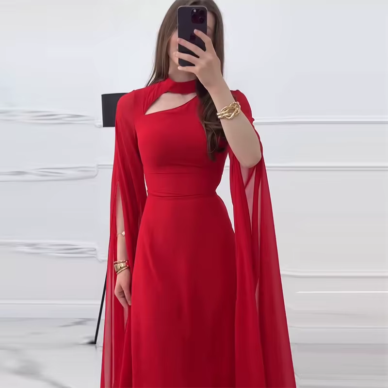 Robe longue femmes robes de soirée col rond pétales manches une ligne à lacets Sexy longueur de plan