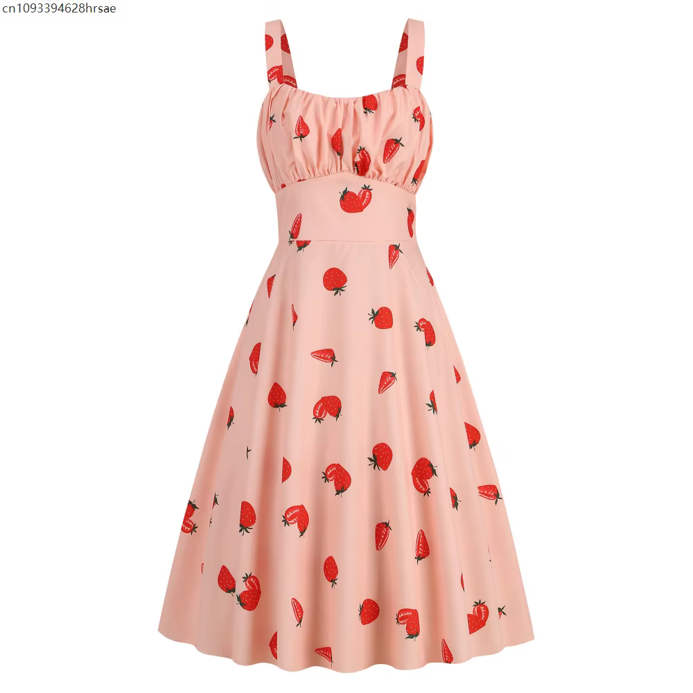 Femmes fraise imprimé Vintage robes d'été 2025 tenues de vacances femmes Robe Femme Sexy sangle 1950