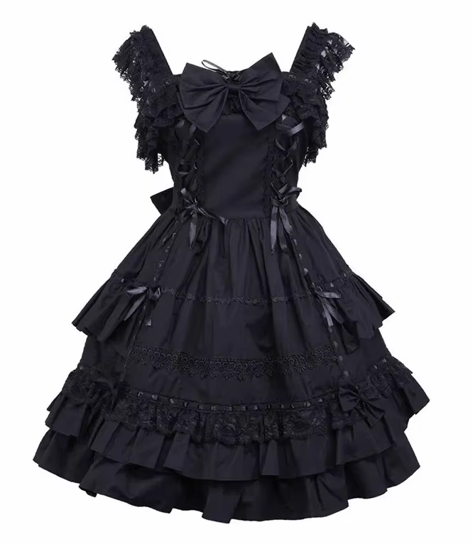 Ainclu – robe trapèze classique mi-longue noire, en coton, sans manches, avec dentelle, nœud, ruban,