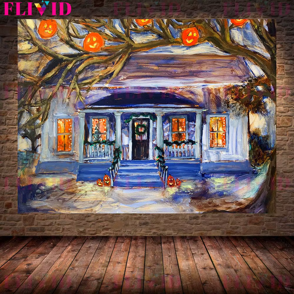 Maison hantée de minuit, peinture sur toile d'art mural Vintage du quartier Ghoulish, affiche d'art