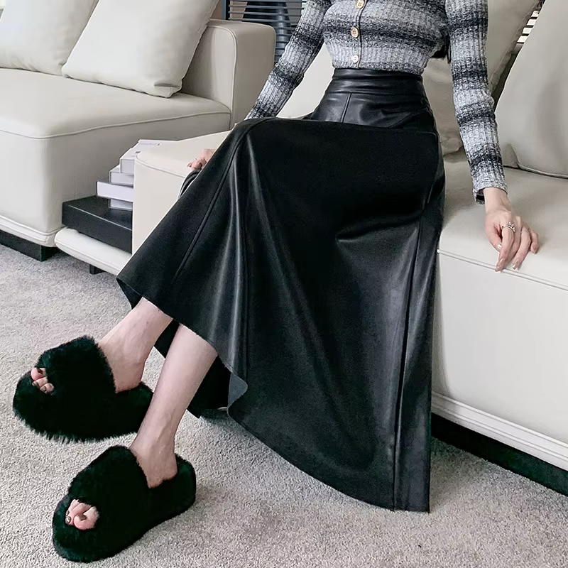 Jupe en cuir noir demi-jupe pour femmes automne longue épissé évasé a-ligne parapluie moulante jupe
