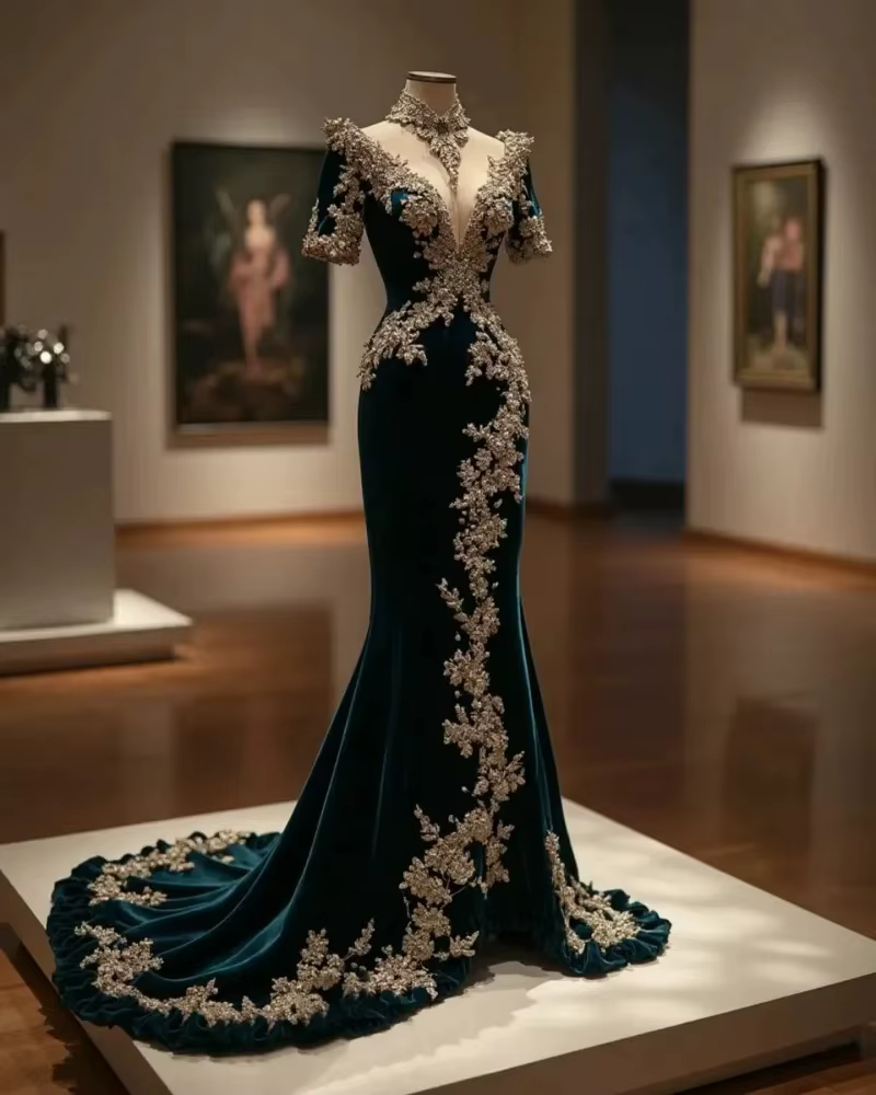 Robes de bal longues bleues pour filles noires, manches courtes, appliques, robes de soirée sud-afri