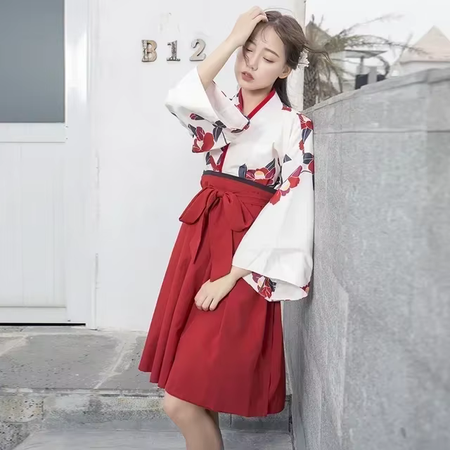 Robe longue à imprimé Floral de Style japonais, jupe Kimono, vêtements Kawaii, ensemble de Robe de s