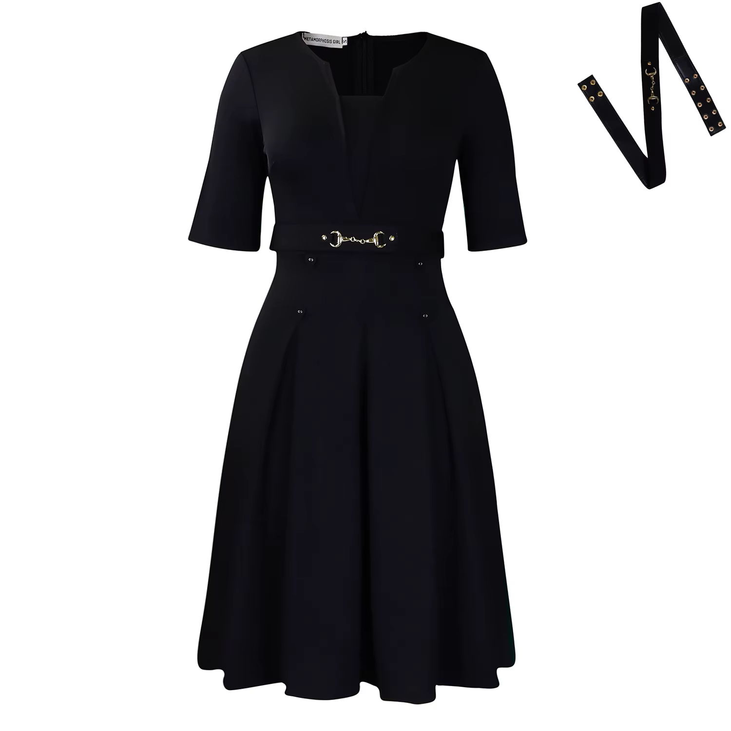 Nouvelle Robe Mi-Longue Kaki Femme avec Ceinture, Col en V, Coupe Évasée, Manches Courtes, Style Bur