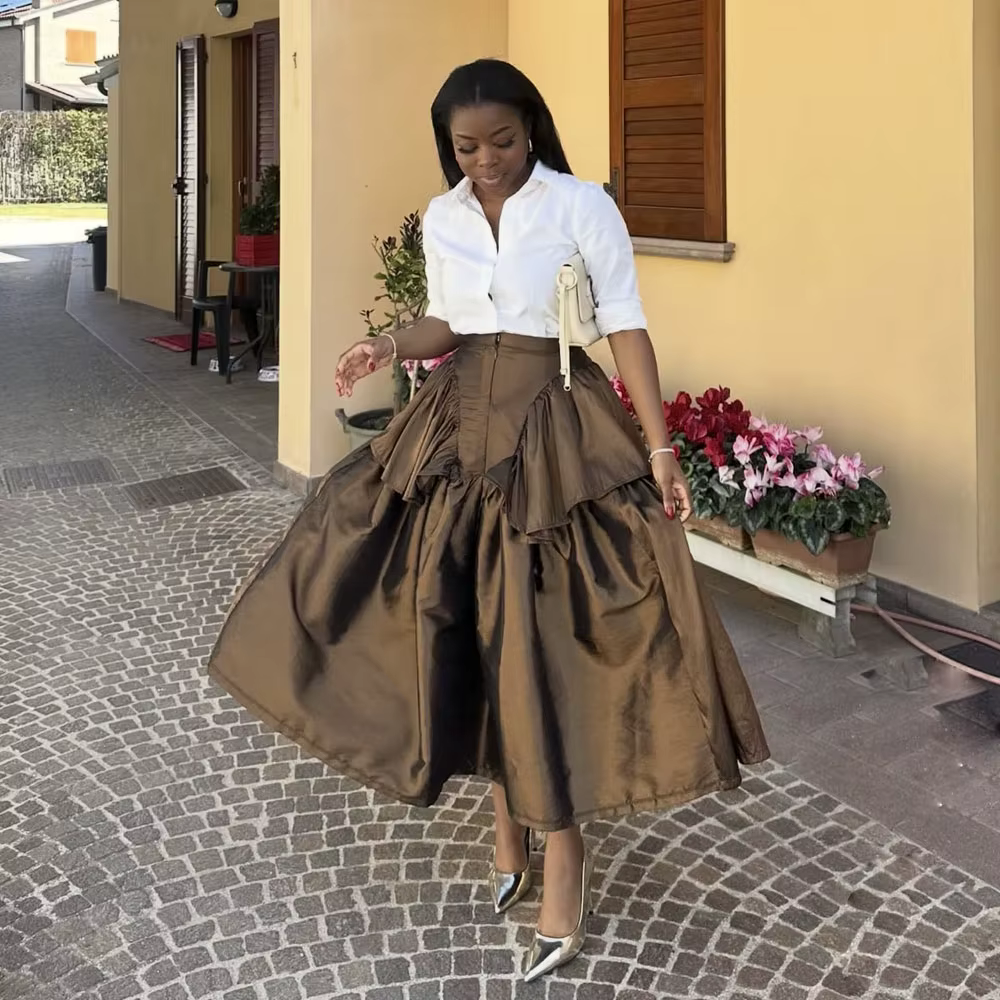 Jupe longue maxi marron pour femme africaine, style peplum, longueur cheville, idéale pour le bureau