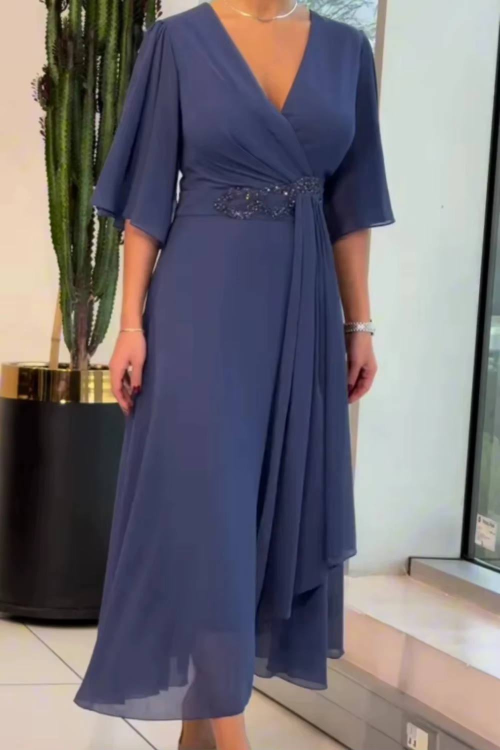 Robe longue plissée pour femmes, élégante, soirée de bal, nouvelle mode, couleur unie, col en v, dem